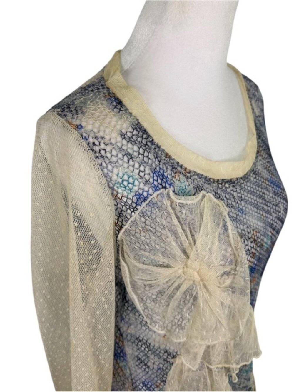 Farinelli Blue Ivory Mesh Ruffle Tunic Top L Boho Lagenlook Artwear - Picture 4 of 11